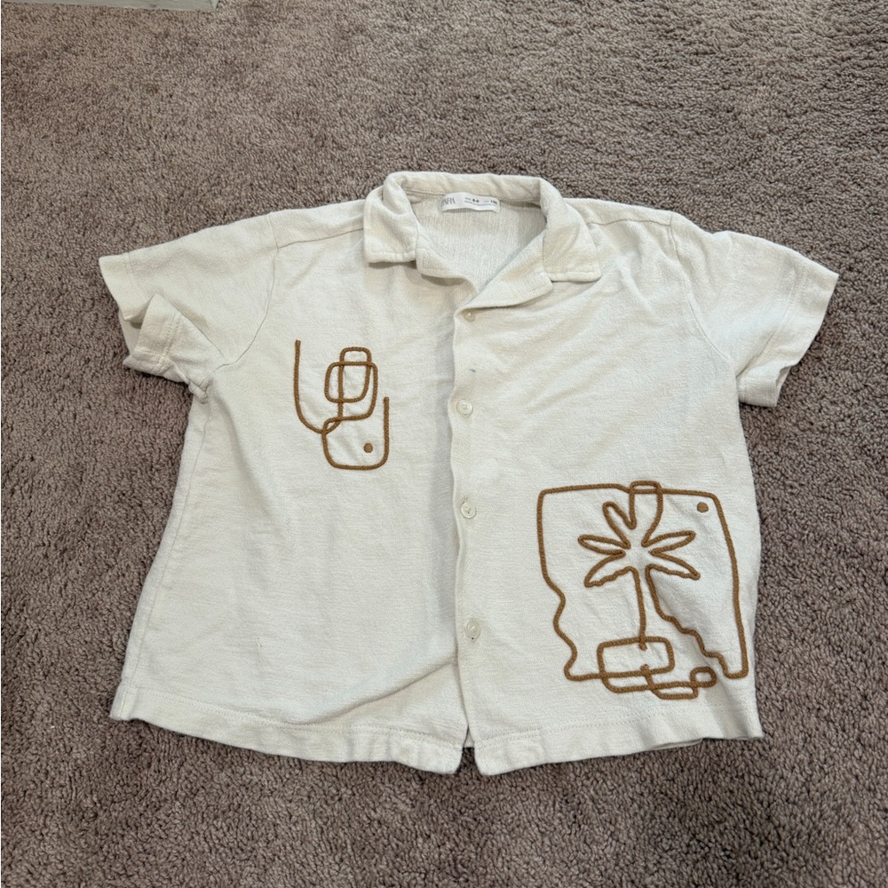 Zara Kids Cream button down casual coastal Shirt with Brown embroidered Graphic